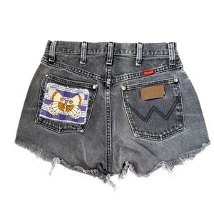 Women's Gray Denim Shorts with Purple Palaka Print and Butterfly Patch